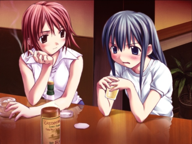 2girls blush boku_to_bokura_no_natsu cigarette drinking fue_(tsuzuku) game_cg ichimura_kiri multiple_girls ogawa_touko smoking