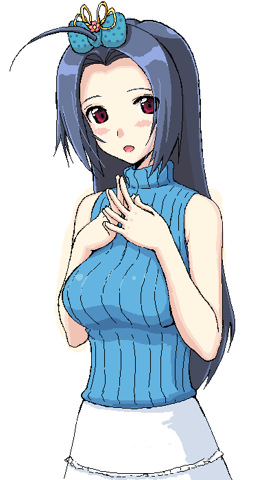 1girl ahoge bare_shoulders black_hair bow hair_bow idolmaster long_hair miura_azusa oekaki red_eyes skirt sleeveless sleeveless_turtleneck solo steepled_fingers takayaki turtleneck