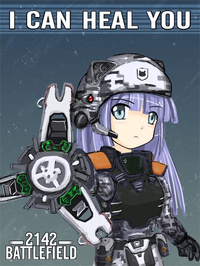 1girl armor battlefield_(series) battlefield_2142 blue_hair camouflage digital_camouflage helmet medic oekaki soldier solo