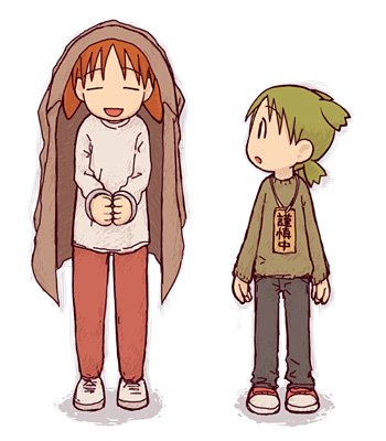 2girls azumanga_daioh child coat coat_on_head coat_over_head creator_connection crossover cuffs emoncake. full_body green_hair handcuffs koiwai_yotsuba looking_at_another lowres mihama_chiyo multiple_girls orange_hair pants quad_tails shoes short_twintails sneakers standing sweater twintails yotsubato!