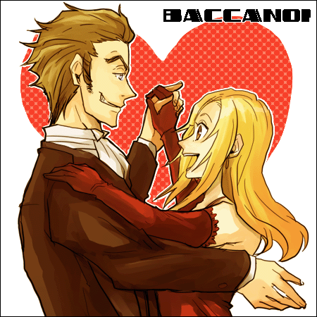 1boy 1girl baccano! couple dancing elbow_gloves eye_contact gloves hetero isaac_dian looking_at_another lowres miria_harvent