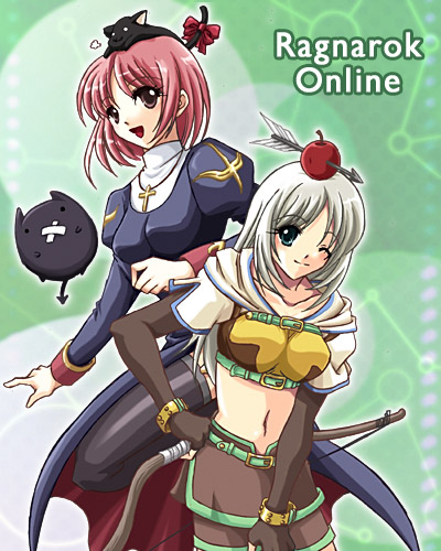 2girls animal animal_on_head apple arrow bow bow_(weapon) cat cat_on_head deviruchi food food_as_clothes fruit lowres multiple_girls object_on_head pink_hair priest priest_(ragnarok_online) priestess ragnarok_online silver_hair taniguchi_mai thigh-highs weapon