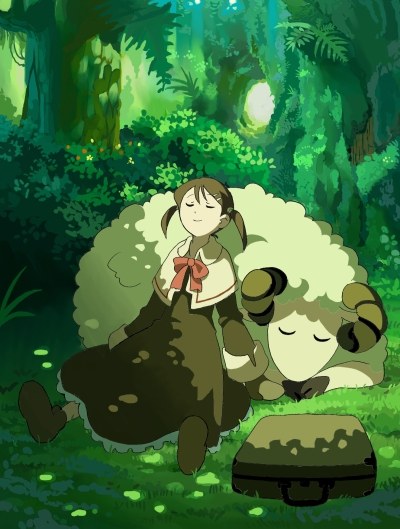 1girl briefcase brown_dress brown_hair brown_shoes closed_eyes dappled_sunlight dress forest grass nature original outdoors plant shadow sheep shoes short_twintails sleeping solo sunlight twintails