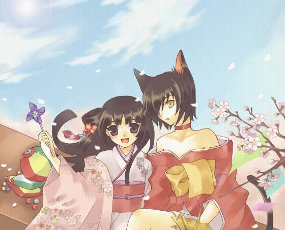 animal_ears ball bare_shoulders black_eyes black_hair brown_eyes cat_ears cherry_blossoms choker fan hair_over_one_eye japanese_clothes kimono long_hair matsuzuki_matsu off_shoulder petals pinwheel sky smile wind yellow_eyes