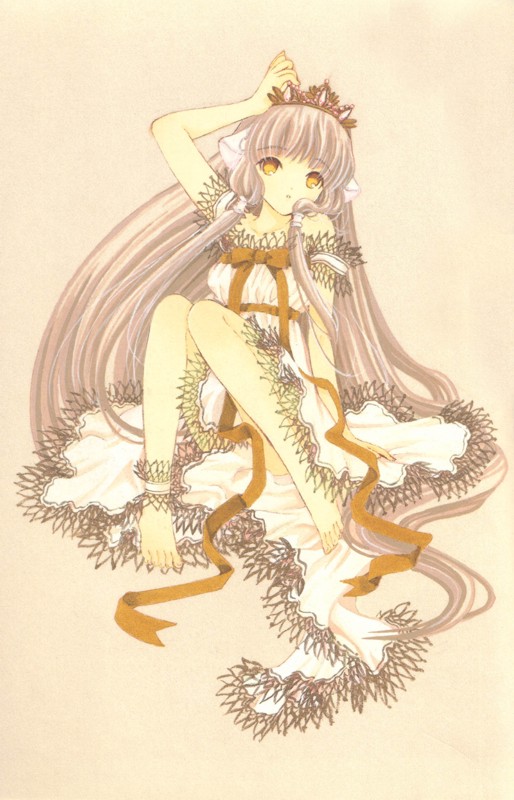 00s 1girl ankle_cuffs arm_support arm_up bangs bare_shoulders barefoot chii chobits clamp crown dress elda full_body hair_tubes knees_together_feet_apart knees_up lace lace-trimmed_dress long_hair looking_at_viewer off_shoulder orange_eyes orange_ribbon ribbon simple_background sitting solo very_long_hair