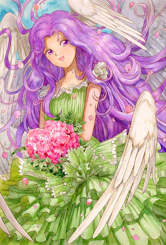 1girl :d angel angel_wings bouquet dress efira flower green_dress layered_dress long_hair looking_at_viewer multiple_wings open_mouth petals pink_rose purple_hair rose rose_petals seraph smile solo very_long_hair violet_eyes white_wings wings