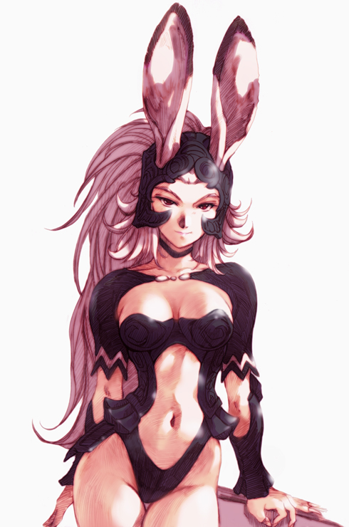 1girl animal_ears armor breasts final_fantasy final_fantasy_xii fran helmet hisahiko navel rabbit_ears revealing_clothes simple_background solo standing viera
