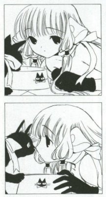 00s 1girl animal bangs blunt_bangs cat chii chobits close-up comic face from_side gloves lowres monochrome profile ribbon short_hair silent_comic table upper_body