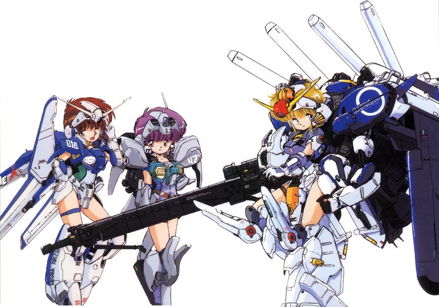 3girls akitaka_mika anaheim_electronics bangs blonde_hair blunt_bangs brown_hair cannon ex-s_gundam full_body gundam gundam_sentinel headgear leotard looking_at_viewer machinery mecha_musume multiple_girls short_hair simple_background turret white_background