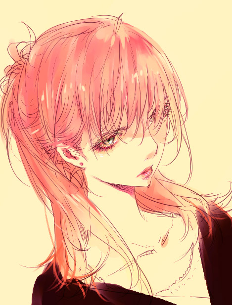 1girl bangs blue_eyes closed_mouth ear_studs earrings eyelashes from_above goshiki_suzu hair_over_one_eye half_updo jewelry lipstick long_hair looking_away makeup monochrome pink_hair pink_lipstick portrait simple_background sketch solo stud_earrings yellow_background