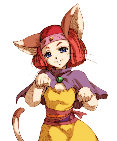1girl animal_ears blue_eyes blush bob_cut brave_story brooch capelet cat_ears cat_tail dress flat_chest head_tilt headband hisahiko jewelry meena meena_(brave_story) paw_pose redhead sash simple_background smile solo standing tail whiskers