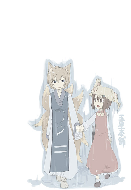 2girls animal_ears blonde_hair brown_eyes brown_hair chen dress female fox_ears fox_tail hand_holding hat hat_removed headwear_removed itsutsu light_brown_hair long_sleeves looking_at_another multiple_girls multiple_tails open_mouth pillow_hat rain short_hair tabard tail touhou white_background wide_sleeves yakumo_ran