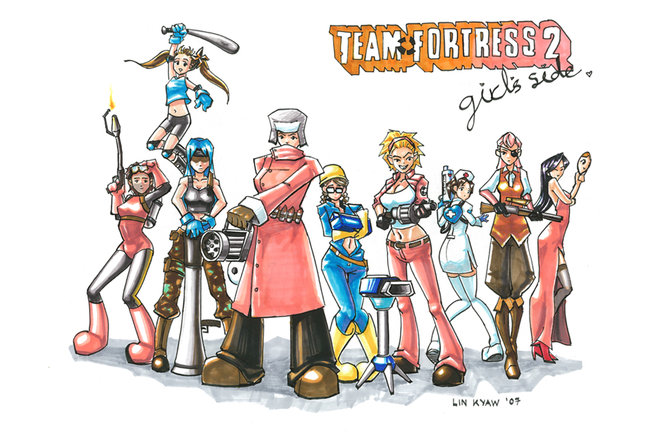 6+girls androgynous artist_request ass belt black_legwear blonde_hair blue_eyes bodysuit brown_eyes buckle coat dress everyone from_behind genderswap green_eyes long_sleeves looking_at_viewer multiple_girls red_dress short_hair silver_hair simple_background spiky_hair team_fortress_2 the_demoman the_engineer the_heavy the_pyro the_scout the_sniper the_soldier the_spy valve western white_background