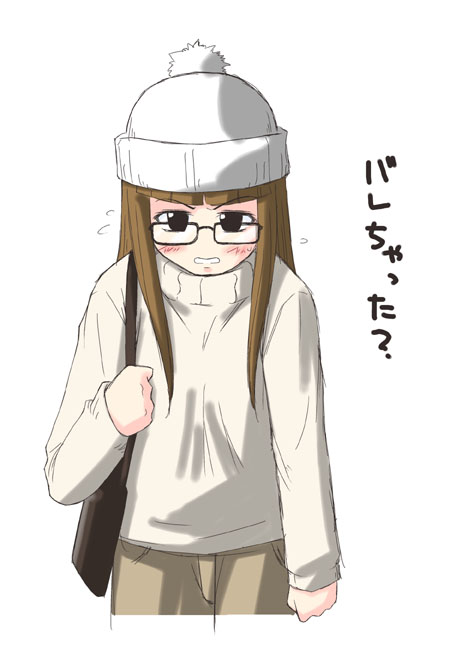 00s bag beanie brown_hair disguise glasses hat maria-sama_ga_miteru sweater translated tsukiyama_minako