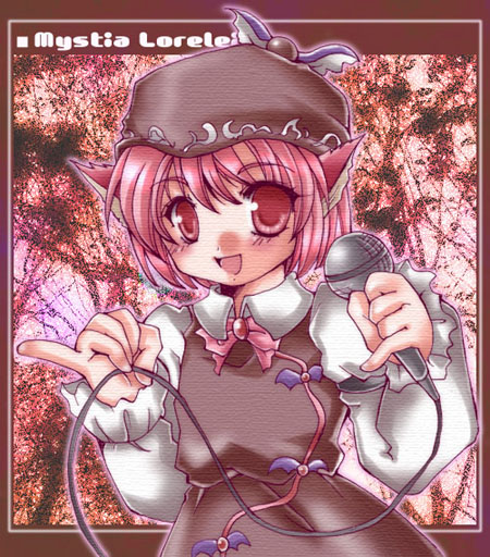 1girl animal_ears brooch character_name dress female hat jewelry microphone mystia_lorelei no_wings open_mouth pink_eyes pink_hair pinky_out short_hair smile solo touhou yoroi_nau