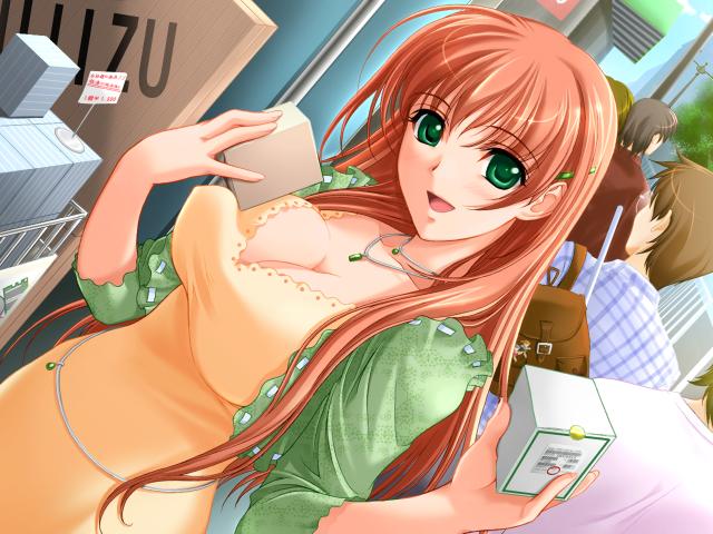 1girl akibakei_kanojo aoi_ren blush breasts cleavage dress dutch_angle game_cg green_eyes hair_ornament hairclip happy jewelry large_breasts long_hair necklace orange_hair pink_hair redhead sano_toshihide shop shopping solo