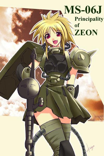 1girl blonde_hair gun gundam gundam_ms_igloo jpeg_artifacts kaiga machine_gun mecha_musume mobile_suit_gundam open_mouth personification redhead signature solo text thigh-highs weapon zaku zaku_ii zaku_ii_f/j zaku_ii_j