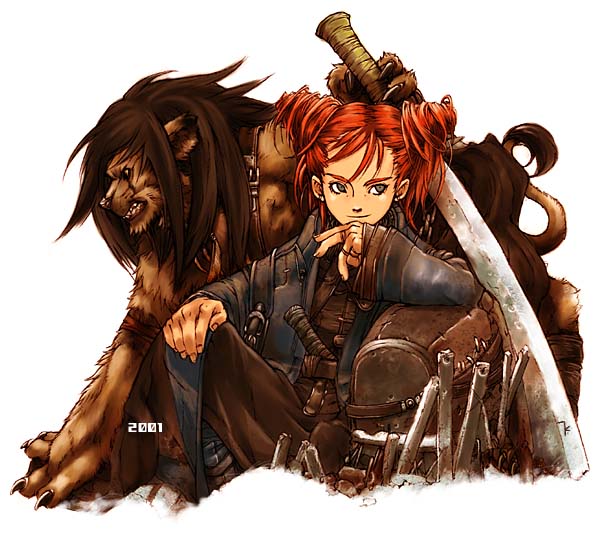 1girl 2001 kaneda_eiji lion sword weapon