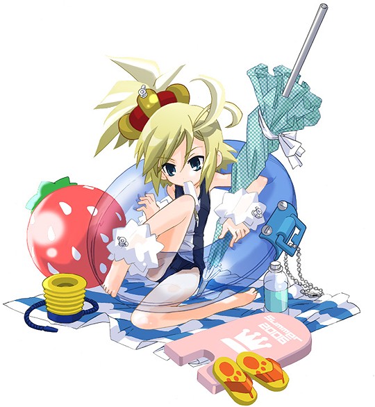 00s 1girl 2006 antenna_hair beach_umbrella blanket blonde_hair blue_eyes bottle casual_one-piece_swimsuit female food fruit high_ponytail inflatable_toy innertube kickboard mouth_hold one-piece_swimsuit popsicle sandals simple_background sitting solo strawberry summer swimsuit water_bottle
