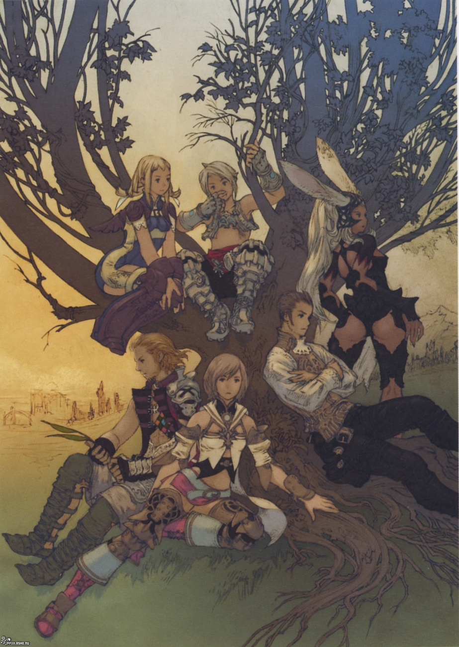 3boys 3girls animal_ears armor ashelia_b'nargin_dalmasca balflear basch_fon_ronsenburg beard belt blonde_hair boots city crossed_arms everyone facial_hair final_fantasy final_fantasy_xii fran gauntlets grass highres ivalice_alliance leaning leather leather_pants long_hair mountain multiple_boys multiple_girls official_art pants penelo rabbit_ears short_hair sitting skirt smile standing tree twintails vaan vest viera white_hair