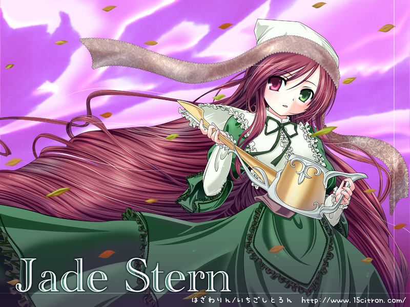 00s 15citron 1girl bonnet brown_hair collar dress frilled_collar frilled_shirt_collar frills green_dress green_eyes head_scarf heterochromia holding leaf lolita_fashion long_hair long_sleeves looking_at_viewer purple_sky red_eyes rozen_maiden sky solo suiseiseki text very_long_hair watering_can wind