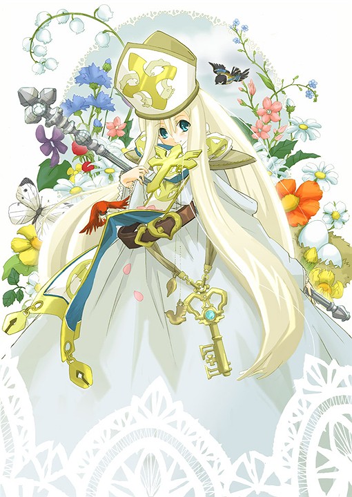 1girl belt bird blonde_hair blue_eyes butterfly celestial cross daisy dress egg flower hizuki_yayoi key lily_of_the_valley long_hair mitre nest solo very_long_hair