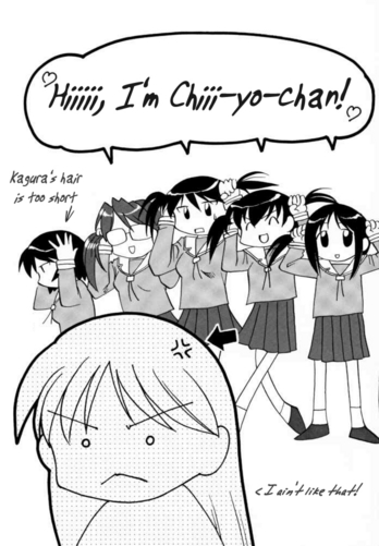 &gt;:&lt; 6+girls :&lt; :d ^_^ ^o^ alternate_hairstyle anger_vein annoyed azumanga_daioh bunching_hair child closed_eyes closed_mouth directional_arrow doujinshi greyscale hair_down hard_translated heart ichiba_ko'ushi kagura kagura_(azumanga_daiou) kasuga_ayumu mihama_chiyo mizuhara_koyomi monochrome multiple_girls o_o open_mouth pleated_skirt sakaki scan school_uniform skirt smile speech_bubble spoken_heart takino_tomo twintails