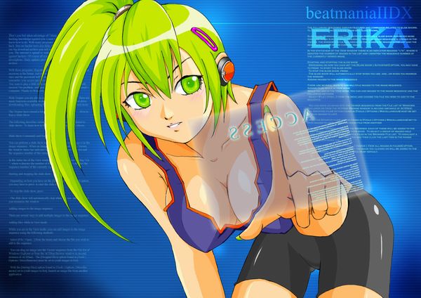 1girl beatmania beatmania_iidx bike_shorts breasts cleavage green_eyes green_hair kitami_erika large_breasts ponytail solo