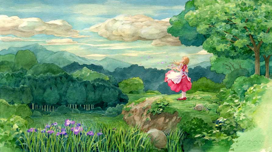 1girl blonde_hair clouds dress efira field flower forest meadow nature original plant red_dress red_shoes scenery shoes sky standing tree wind