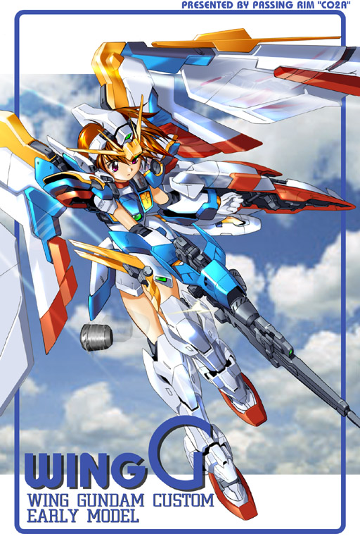 90s beam_rifle brown_hair energy_gun gloves gun gundam gundam_wing gundam_wing_ver-ka komatsu_eiji mecha_musume short_hair sky violet_eyes weapon wing_gundam wing_gundam_version_ka