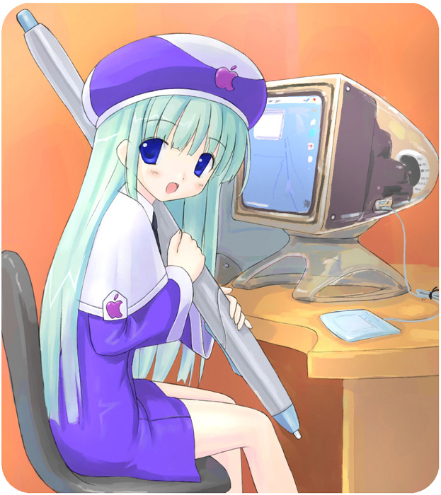 apple_inc. blue_eyes character_request computer green_hair hat imac long_hair looking_at_viewer macintosh os-tan personification stylus tablet takayaki