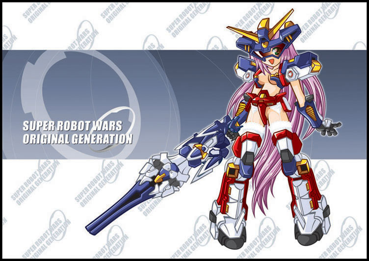 1girl armor armored_boots banpresto blue_background bodysuit boots full_body huge_weapon letterboxed machinery mecha_musume pigeon-toed r-gun simple_background solo srx standing super_robot_wars text thigh-highs thigh_boots weapon