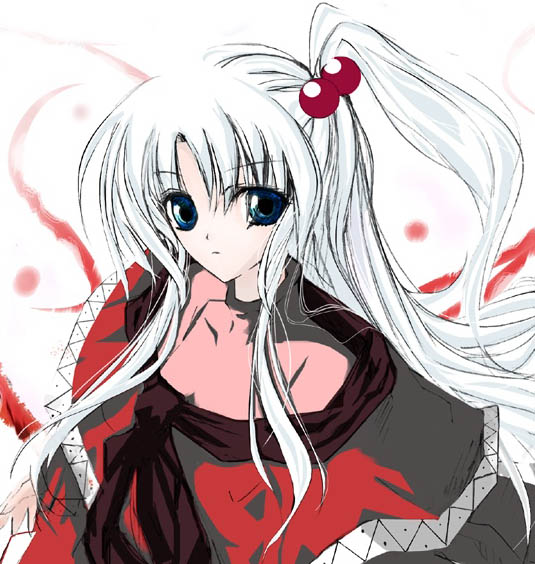 1girl bare_shoulders breasts capelet cleavage closed_mouth collarbone expressionless eyebrows eyebrows_visible_through_hair female hair_bobbles hair_ornament looking_at_viewer mystic_square one_side_up shinki sidelocks small_breasts solo touhou white_background