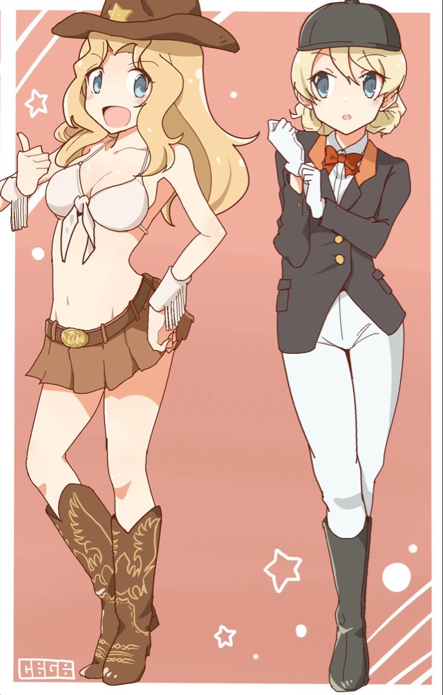 2girls bangs belt bikini bikini_top black_boots black_hat black_jacket blonde_hair blue_eyes boots bow bowtie braid breasts brown_hat brown_skirt cbgb cleavage cow_girl cowboy_boots cowboy_hat darjeeling dress_shirt front-tie_bikini front-tie_top full_body girls_und_panzer gloves hand_on_hip hat jacket kay_(girls_und_panzer) long_hair long_sleeves looking_at_viewer microskirt multiple_girls open_mouth pants parted_lips pink_background red_bow shirt short_hair skirt smile star swimsuit thumbs_up tied_hair twin_braids white_bikini white_gloves white_pants white_shirt wristband