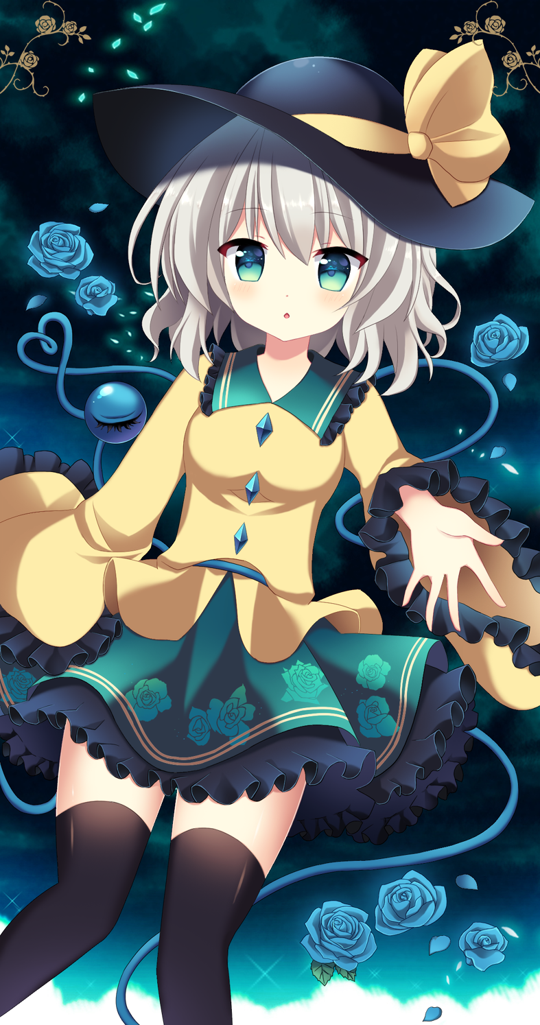 1girl aqua_eyes black_hat black_legwear blouse blue_background blue_rose cowboy_shot eyebrows eyebrows_visible_through_hair flower frilled_shirt_collar frilled_skirt frilled_sleeves frills green_skirt hat hat_ribbon heart heart_of_string highres komeiji_koishi looking_at_viewer mayo_(miyusa) petals ribbon rose rose_print short_hair silver_hair skirt solo thigh-highs third_eye touhou wide_sleeves yellow_blouse yellow_ribbon