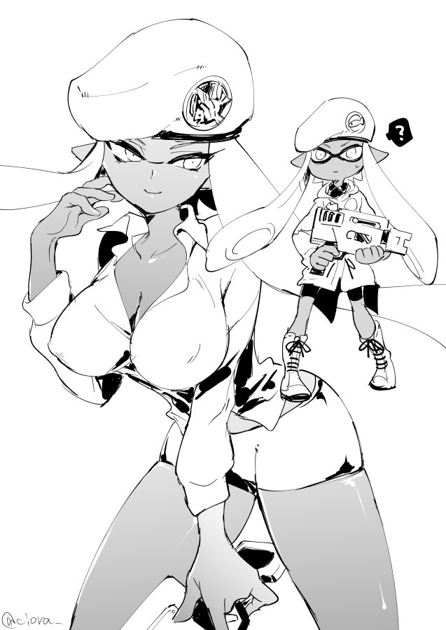 1girl ? bangs beret bike_shorts blunt_bangs boots breasts cleavage closed_mouth coat combat_boots cross-laced_footwear dark_skin dress_shirt emblem fish forge-chan_(splatoon) hat holding holding_weapon large_breasts light_smile long_hair looking_at_viewer older rapid_blaster_(splatoon) serizawa_nae shirt short_shorts shorts sketch splatoon splatoon_(manga) spoken_question_mark standing time_paradox weapon