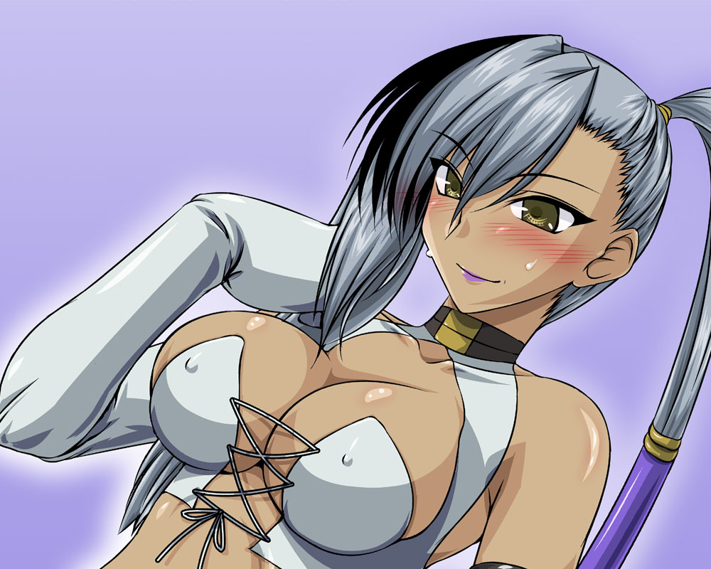 1girl blush breasts bustier center_opening cleavage cleavage_cutout code_geass corset_top criss_cross_front dark_skin elbow_gloves erect_nipples front-tie_top gloves grey_hair halter_corset_laceup_top halter_corset_top lace_up_front laceup_top laceups large_breasts ponytail solo soushin_souma swimsuit villetta_nu yellow_eyes