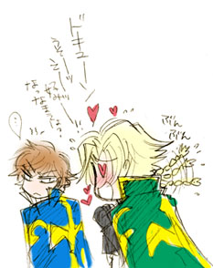 2boys :d afterimage blonde_hair blush braid brown_hair cape cloak closed_eyes code_geass frown gino_weinberg heart heart_eyes kururugi_suzaku lowres male_focus motion_lines multiple_boys open_mouth simple_background single_braid smile speech_bubble surprised talking text white_background yaoi