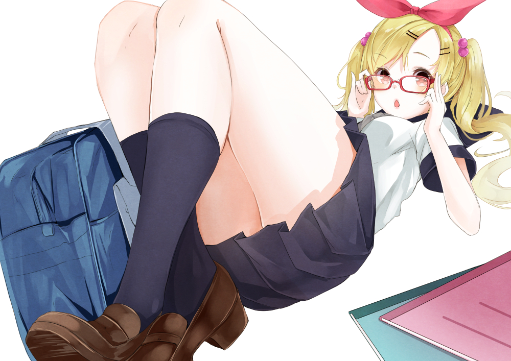 1girl :o adjusting_glasses aikatsu! bag bag_removed bangs bare_arms black_legwear black_skirt blonde_hair blouse breasts brown_shoes chestnut_mouth eyebrows eyebrows_visible_through_hair from_below glasses hair_bobbles hair_ornament hairband hairclip hoshimiya_ichigo kneehighs knees_up loafers long_hair looking_at_viewer lying neckerchief notebook on_back pleated_skirt red-framed_eyewear red_eyes red_ribbon reio_reio ribbon school_bag school_uniform serafuku shoes simple_background skirt small_breasts solo twintails white_background white_blouse