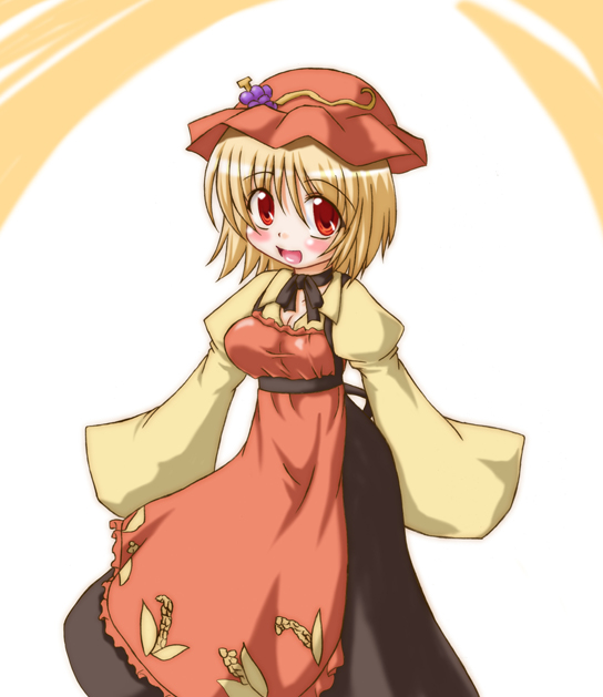 1girl aki_minoriko blonde_hair blush female food fruit grapes hat inasaki_shirau looking_at_viewer open_mouth red_eyes short_hair simple_background skirt sleeves_past_wrists solo touhou white_background wide_sleeves