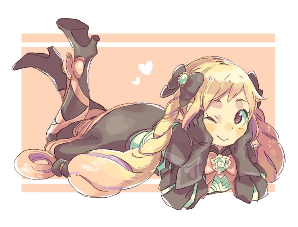 1girl aisutabetao black_bow black_gloves blonde_hair boots bow elise_(fire_emblem_if) fire_emblem fire_emblem_if flower full_body gloves hair_bow hair_ribbon hairband heart high_heel_boots high_heels legs_up long_hair looking_at_viewer lying on_stomach one_eye_closed ribbon rose smile solo twintails violet_eyes white_rose