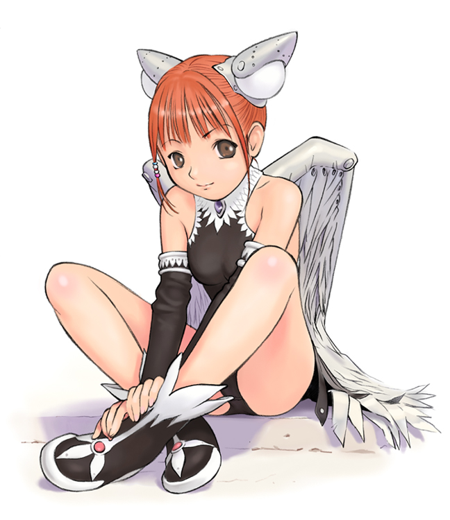 1girl boots brown_eyes elbow_gloves gloves hair_ornament looking_at_viewer orange_bullet orange_hair short_hair simple_background sitting smile solo white_background wings