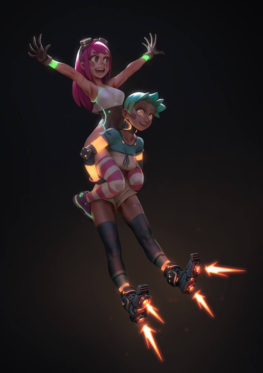 2girls :d android armpits bandaid_on_leg bangs bare_shoulders blue_legwear blue_ribbon blue_shirt blush blush_stickers bracer breasts brown_gloves brown_shorts carrying choker collarbone elbow_pads eyebrows gloves glowing glowing_eyes gluteal_fold goggles goggles_on_head green_hair gui_guimaraes hands_up highleg highleg_leotard highres leotard leotards long_hair medium_breasts midair multiple_girls neon_trim nose open_mouth original outstretched_arms piggyback pink_hair ribbon shirt shoes short_shorts short_sleeves shorts sleeveless small_breasts smile striped striped_legwear teeth thick_eyebrows thigh-highs thrusters yellow_eyes