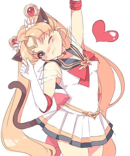 1girl 90s animal_ears bad_id bishoujo_senshi_sailor_moon bishoujo_senshi_sailor_moon_supers blonde_hair blue_eyes blush bow cat_ears cat_tail choker cocopps double_bun elbow_gloves gloves hair_ornament hairpin heart kemonomimi_mode long_hair magical_girl multicolored_skirt pleated_skirt red_bow ribbon sailor_moon skirt smile solo source_request stretch super_sailor_moon tail tiara tsukino_usagi twintails white_background white_gloves wink