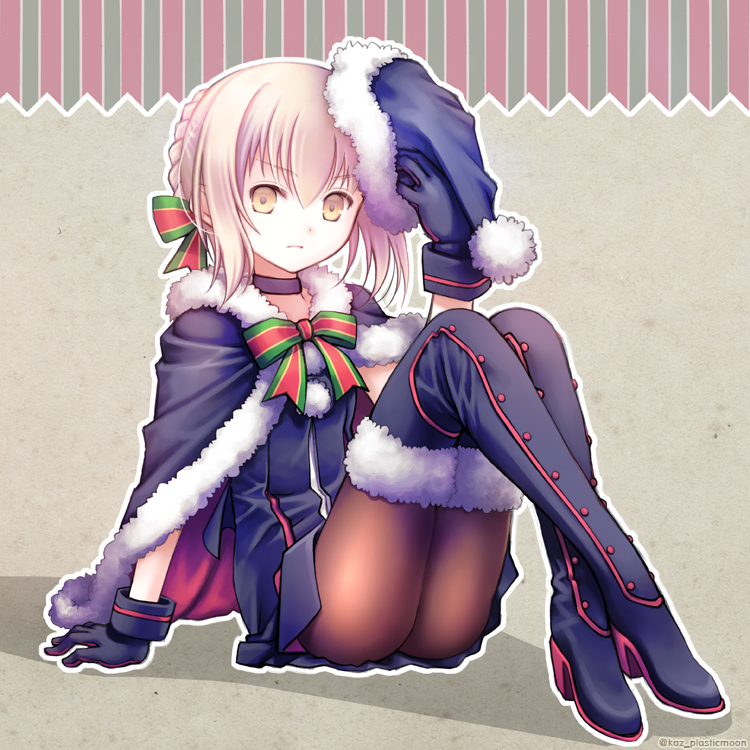 1girl arm_at_side arm_support bangs black_boots black_cape black_dress black_gloves black_hat blonde_hair boots bow bowtie braid brown_legwear cape closed_mouth crossed_ankles dress eyebrows eyebrows_visible_through_hair fate/grand_order fate_(series) frown full_body fur-lined_boots fur-trimmed_cape fur_trim gloves hair_bow hand_up hat high_heel_boots high_heels holding holding_hat knees_up looking_at_viewer pantyhose plastic_moon pom_pom_(clothes) saber saber_alter sack santa_alter santa_costume santa_hat short_dress sidelocks sitting solo striped striped_bow striped_bowtie thigh-highs thigh_boots vertical_stripes wrist_cuffs yellow_eyes