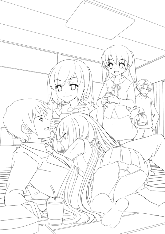 2boys 3girls all_fours fujiwara_(shny) fujiwara_(suzumiya_haruhi) harem kyon long_hair monochrome multiple_boys multiple_girls panties pantyshot sasaki sasaki_(suzumiya_haruhi) skirt suou_kuyou suzumiya_haruhi_no_yuuutsu tachibana_kyouko underwear very_long_hair yuuji