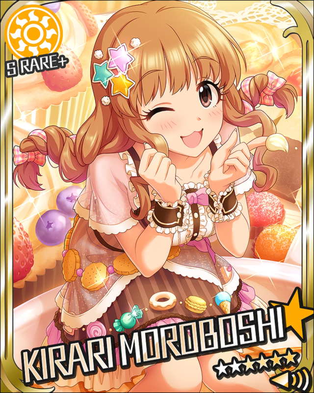 blush brown_eyes brown_hair character_name dress happy idolmaster idolmaster_cinderella_girls long_hair moroboshi_kirari stars twin_braids wink