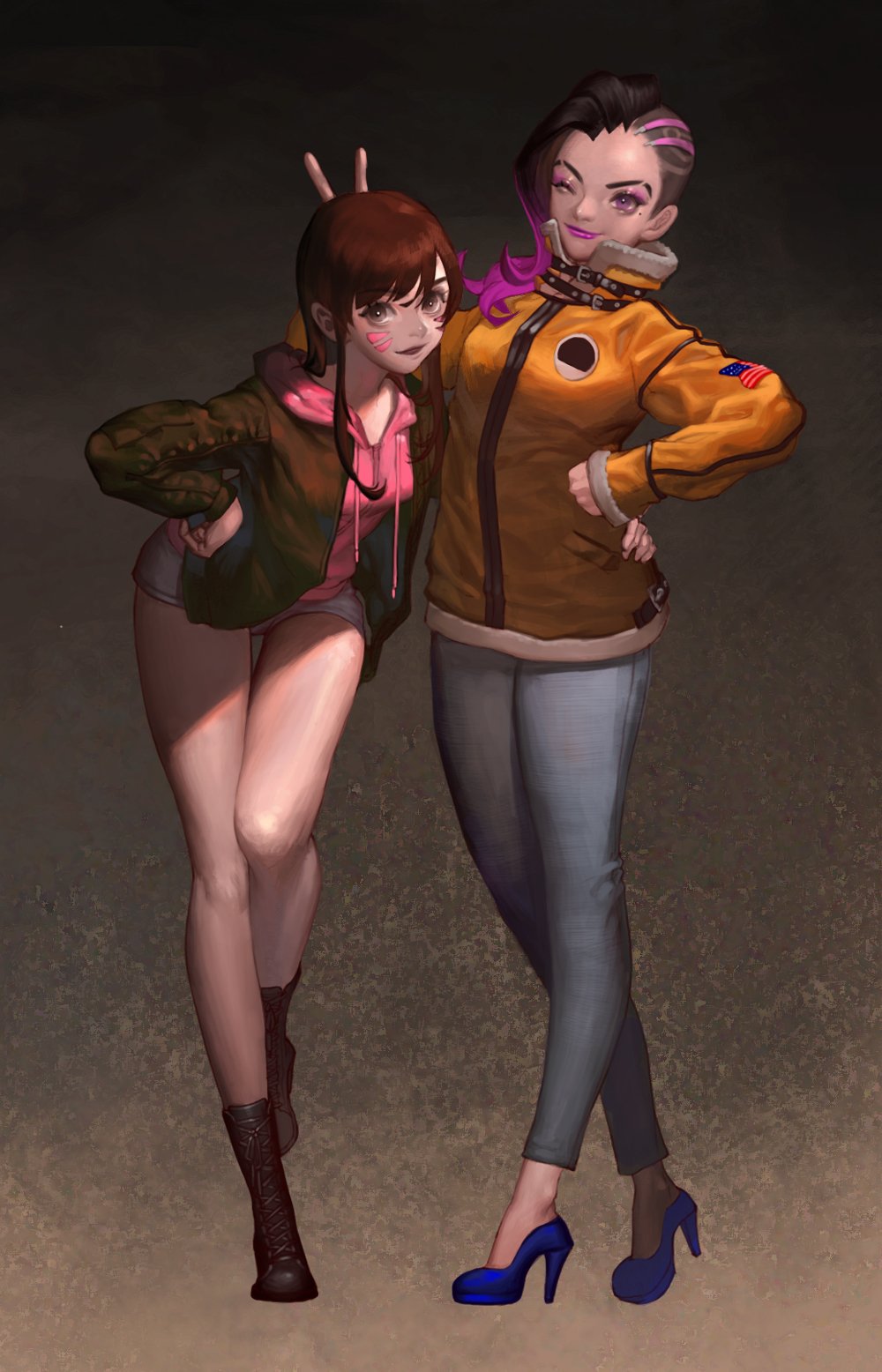 2girls ;) american_flag bangs black_hair blue_pants blue_shoes boots breasts brown_boots brown_eyes brown_hair brown_jacket casual closed_mouth cross-laced_footwear d.va_(overwatch) eyebrows eyebrows_visible_through_hair eyelashes eyeliner eyeshadow facepaint facial_mark full_body fur_trim hand_on_another's_hip hand_on_hip hand_up high_collar high_heels highres hood hood_down hoodie jacket knee_boots lace-up_boots legs lipstick long_hair long_sleeves makeup mascara medium_breasts mole mole_under_eye multicolored_hair multiple_girls nose one_eye_closed one_leg_raised open_clothes open_jacket open_mouth overwatch pants purple_lips purple_lipstick shoes short_shorts shorts smile sombra_(overwatch) standing standing_on_one_leg strap thigh_gap two-tone_hair undercut v violet_eyes whisker_markings white_shorts