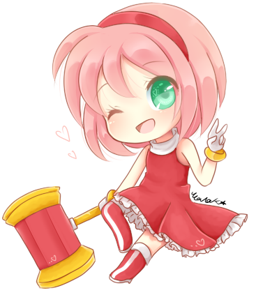 1girl amy_rose boots bracelets chibi dress gloves green_eyes hammer headband heart open_mouth pink_hair short_hair smile solo tagme thigh_highs winking