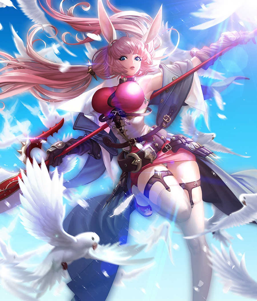 1girl animal animal_ears armpits bangs belt belt_buckle between_breasts bird blue_coat blue_eyes blue_sky breasts brown_gloves buckle buttons coat commentary corset cowboy_shot day dress elbow_gloves eyelashes feathers floating_hair gloves hair_ornament hair_tie high_collar holding holding_weapon holster lancer_(weapon) large_breasts leather leather_gloves leg_up light_rays long_hair looking_at_viewer low_twintails open_clothes open_coat original outstretched_arms parted_lips pigeon pink_hair pink_lips polearm red_dress shoes short_dress skin_tight sky sleeveless sleeveless_dress solo spear spikes st_(brute18) standing standing_on_one_leg sunlight thigh-highs thigh_strap twintails weapon weapon_on_back white_legwear